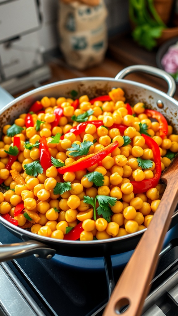 A vibrant chickpea stir-fry with bell peppers and parsley in a skillet, ready to serve.